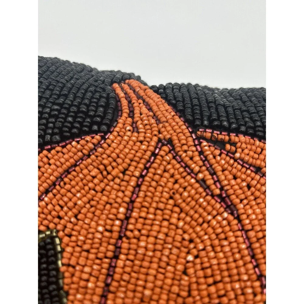 Beaded Jack O’Lantern Pumpkin Pillow 12x12 Handmade Halloween Decor Heavy